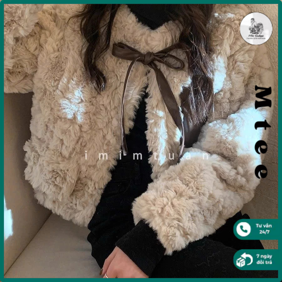 Áo khoác lông 𝑴𝒕𝒆𝒆 phối nơ, Áo khoác lông dáng ngắn phong cách Hàn Quốc AK61