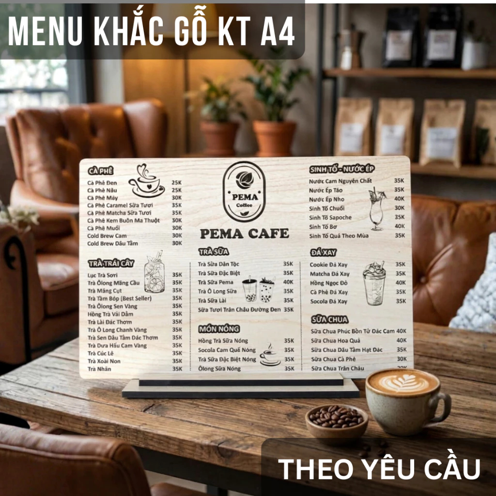 MENU KHẮC GỖ A4 thiết kế theo yêu cầu, menu quán cafe, menu quán trà sữa, menu tiệm nail, menu tiệm 
