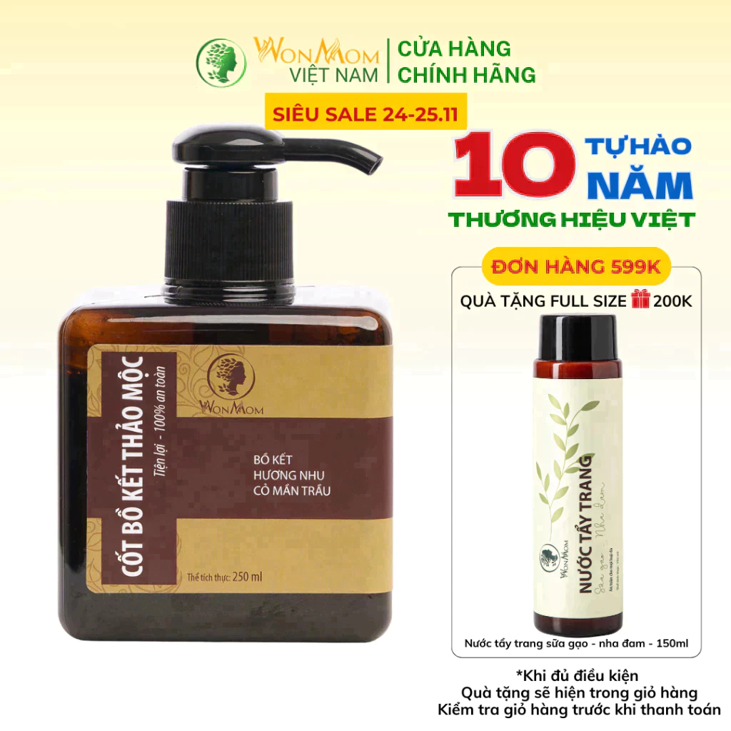 Cốt thảo dược bồ kết gội đầu nuôi dưỡng tóc đen mượt, giảm rụng tóc sau sinh, hết nấm ngứa da đầu WonMom 250ml (không bọ