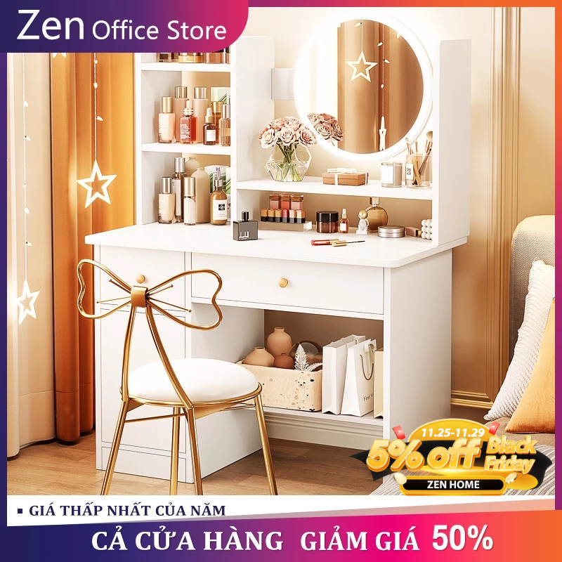  ZEN Bàn trang điểm phong cách hiện đại có đèn lED có 2 ngăn kéo tủ để đồ trang điểm decor làm việc 
