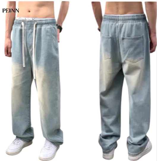 [Peinn] Quần Jean Nam HKR - B085 Ống Rộng Cạp Chun, Lưng Cao Có Dây Rút, Thể Thao, Cá Tính