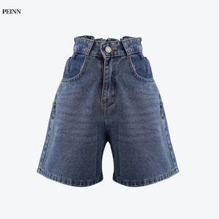   Peinn  Quần short jean nữ HKR - T087 ống rộng cạp cao phối chun sắn gấu Hàn Quốc 