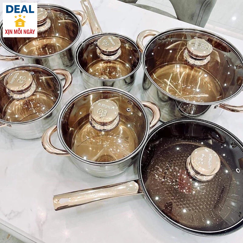 Bộ nồi đức 6 món ilox 9 đáy lắp kín cao cấp.