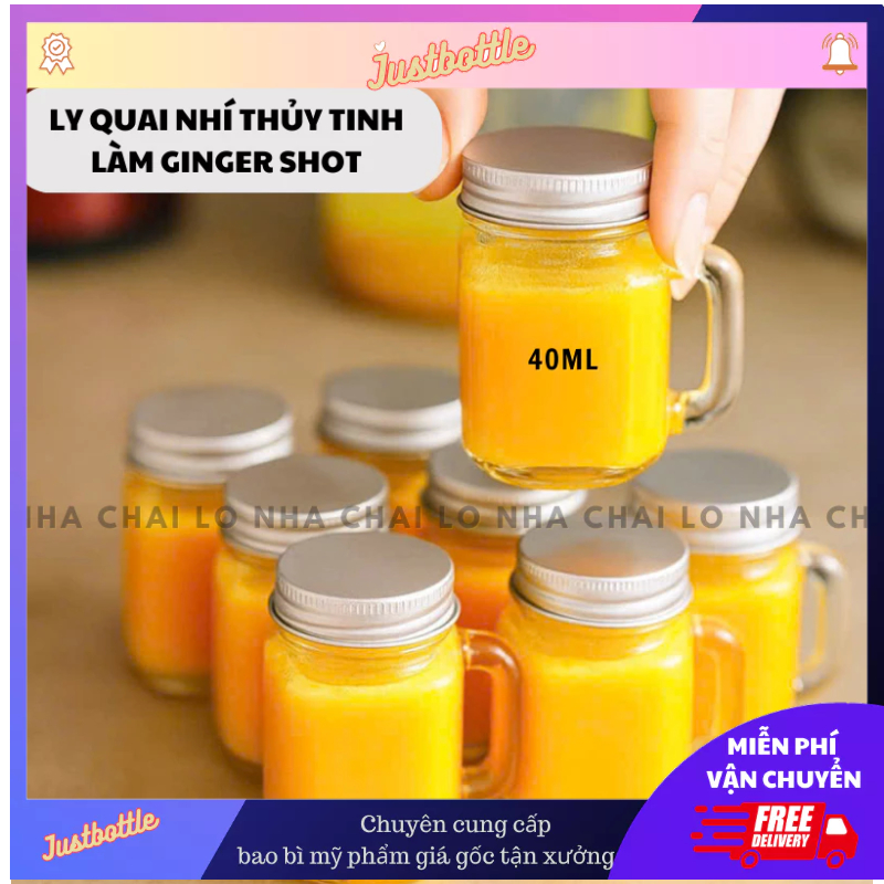[COMBO 10 CÁI] Ly thủy tinh Mini có quai kèm nắp 40ml chai đựng ginger shot, nước ép gừng, cafe, đồ 