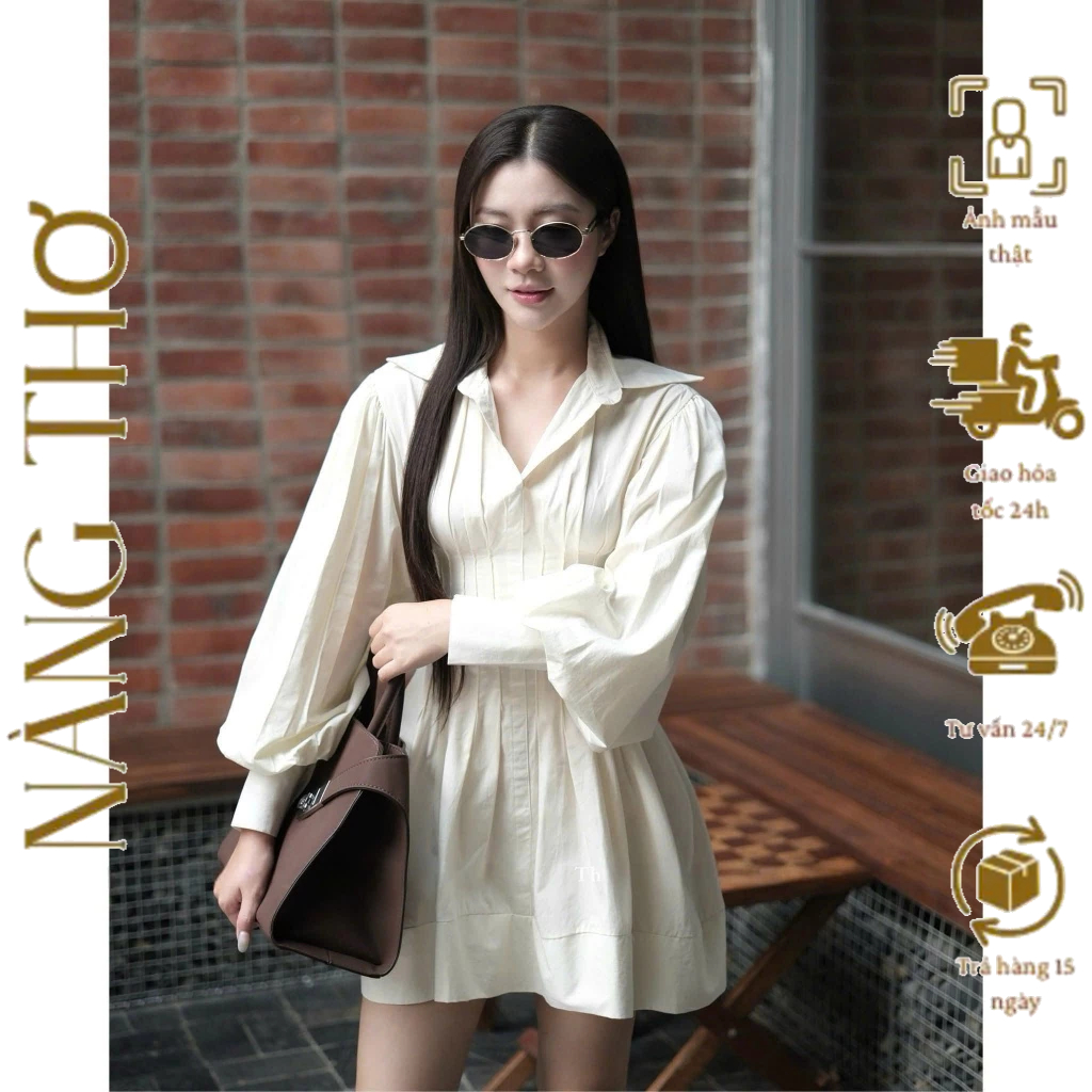 Đầm sơ mi xếp li dài tay bồng cổ đức [ẢNH THẬT CUỐI] hàng đẹp loại 1