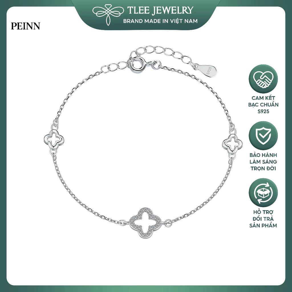 [Peinn] Lắc tay bạc nữ cỏ bốn lá tam hoa rỗng xinh xắn  LT0339