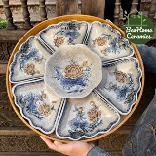  Bộ Bát Đĩa Cúng Gia Tiên Men Rạn Đắp Nổi Hoa Sen – Gốm Bát Tràng Chính Hãng 