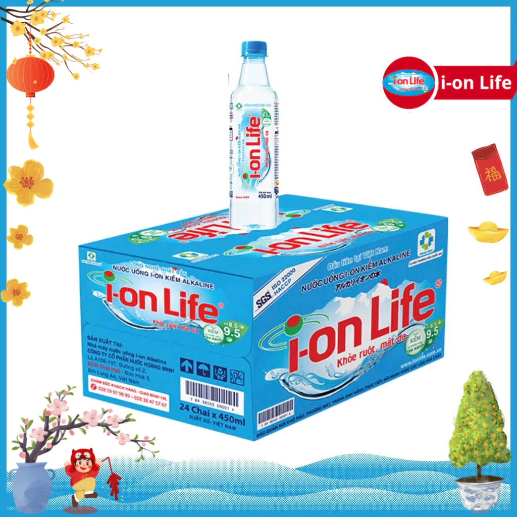 Thùng 24 Chai Nước Uống ION Kiềm Đóng Chai ION Life 450ml - Khỏe ruột Mát gan Hỗ trợ tiêu hoá, Trung