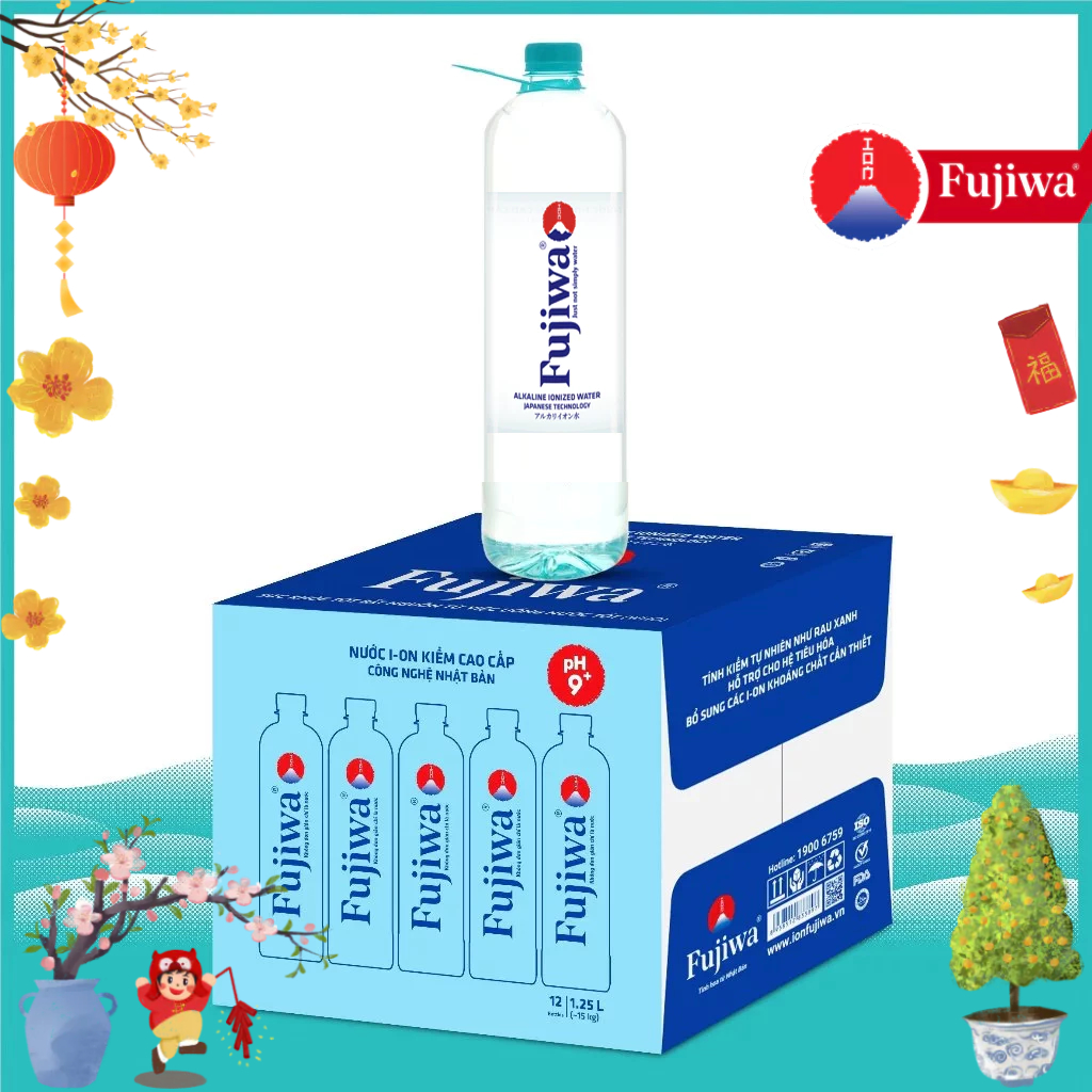Thùng 12 Chai Nước Uống Ion Kiềm Cao Cấp Đóng Chai Fujiwa 1250ml - Nước uống Detox với Công Nghệ Điệ