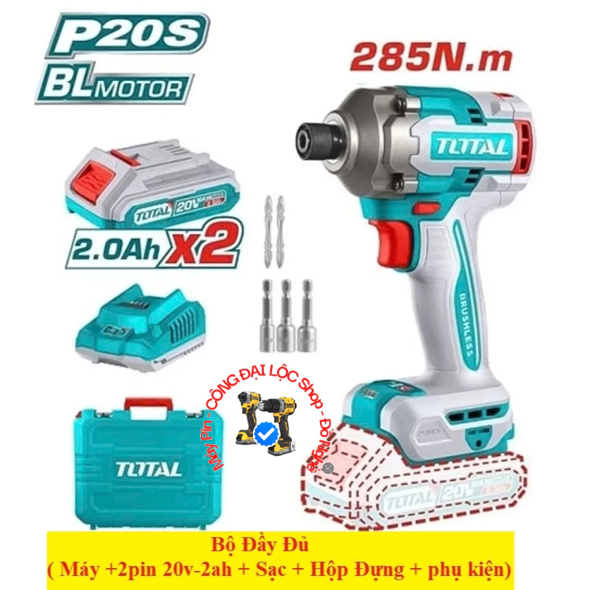 Máy siết vít không chổi than dùng pin 20V TOTAL 285Nm (Mẫu Mới Nhất 2025)