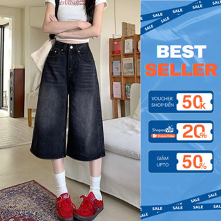  Quần jean lửng nữ ống rộng Jelly quần bò lửng D001 quần bò ngố cạp cao dài qua gối trend 2025 