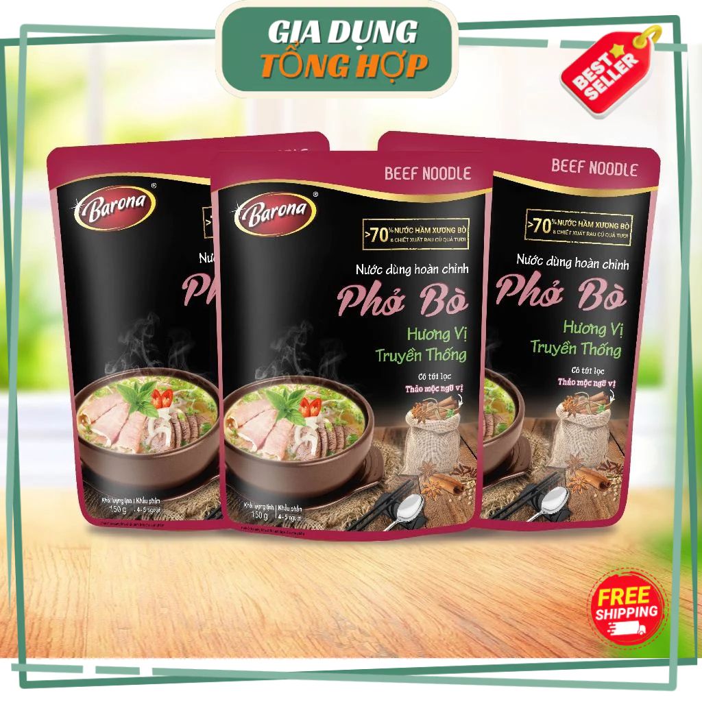 Bộ 3 Gói gia vị nấu Nước dùng hoàn chỉnh Barona - Phở Bò 150g/gói