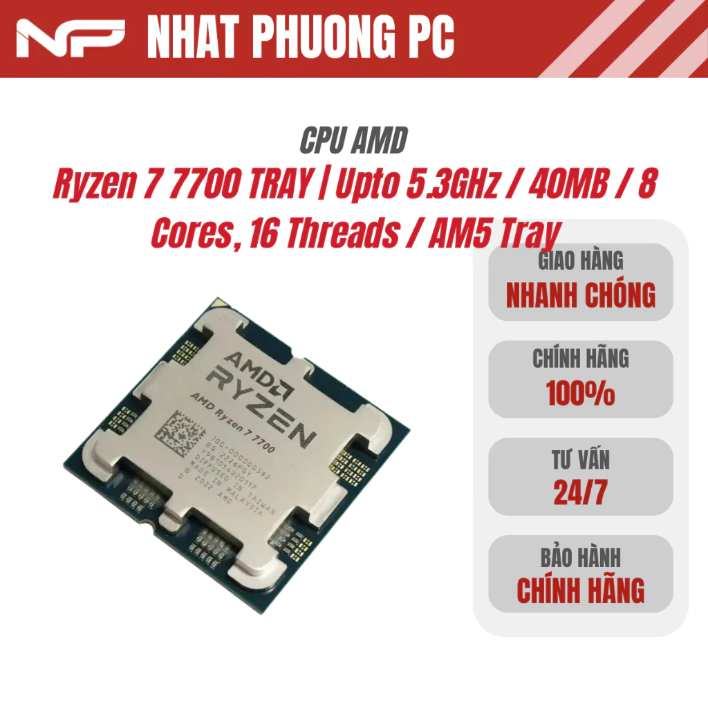 CPU AMD Ryzen 7 7700 TRAY | Upto 5.3GHz / 40MB / 8 Cores, 16 Threads / AM5 Tray