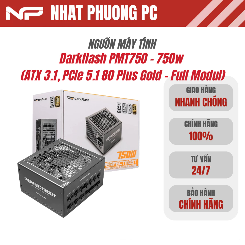 Nguồn Máy Tính Darkflash PMT750 - 750w (ATX 3.1, PCIe 5.1 80 Plus Gold - Full Modul)