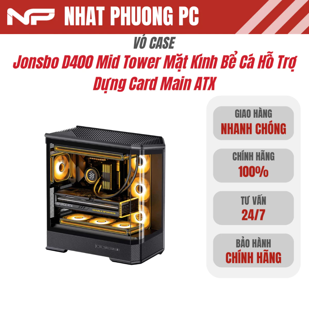Vỏ Máy Tính Jonsbo D400 Mid Tower Mặt Kính Bể Cá Hỗ Trợ Dựng Card Main ATX Chính Hãng