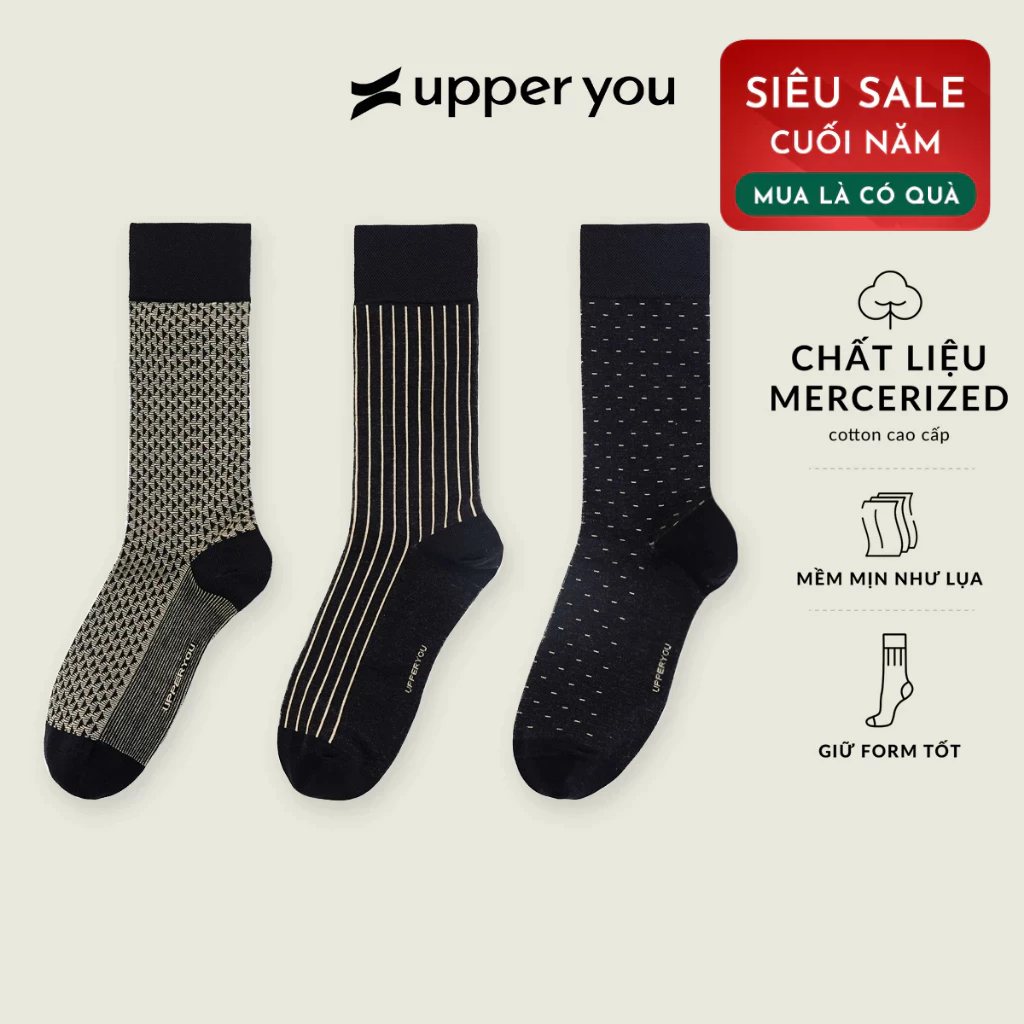 Tất Vớ Giày Tây Premium Cao Cấp UPPER YOU Mercerized Cotton Họa Tiết Màu Đen Black Tan Mềm Mại Thấm 
