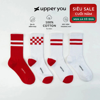  Tất Vớ Tết Nam Nữ Gân Trơn Cổ Cao Đỏ Trắng UPPER YOU Cotton Tự Nhiên Kẻ Sọc Dày Dặn Êm Ái Extra Soft - BSF4002 