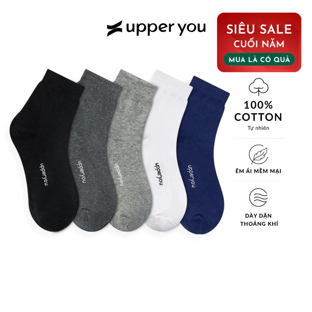 Tất Vớ Nam Cổ Trung UPPER YOU Cotton Tự Nhiên Êm Ái Dày Dặn Thoáng Khí Khử Mùi - BSM3001