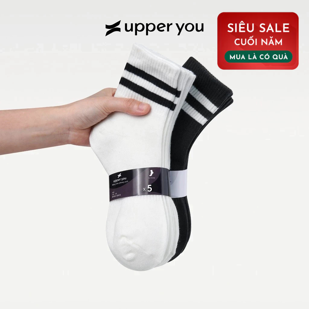 [Combo 10] Tất vớ Nam Nữ Cổ Cao Trắng Đen Hai Sọc UPPER YOU Thiết Kế Sọc Gân Thoáng Khí Khử Mùi - VS