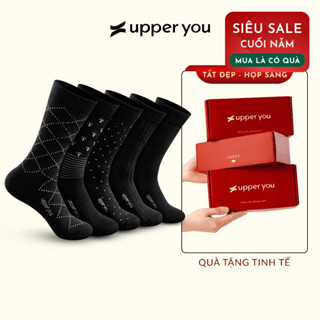   Combo 5 Đôi  Tất Vớ Đen Công Sở Cổ Cao Họa Tiết UPPER YOU Cotton Tự Nhiên Dày Dặn Êm Ái Thoáng Khí Khử Mùi - BSM4000 