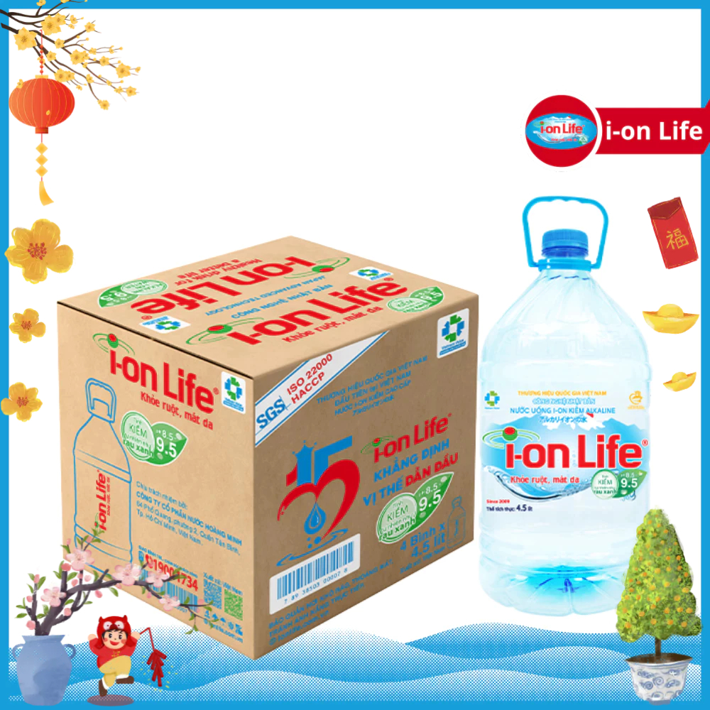 Thùng 4 Bình Nước Uống ION Kiềm Đóng Chai ION Life 4.5L lít - Khỏe ruột Mát gan Hỗ trợ tiêu hoá, Tru