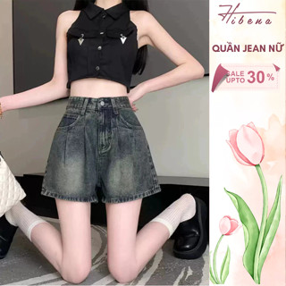   LOẠI 1  Quần Short Jeans Nữ Cạp Cao Quần Bò Đùi Hack Chân Thiết Kế 2 Cúc Màu Xanh Bụi S06 Hibena 