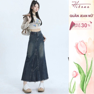  Chân váy jean dài HIBENA đầm jean cho nữ chữ A cạp cao vải bò xẻ đuôi xòe nhẹ màu xanh retro đen V16 