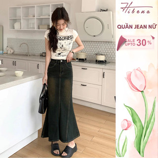  Chân váy jean đuôi cá Hibena dáng dài vải bò cho nữ cạp cao tôn vòng ba vòng 2 màu xanh retro V15 