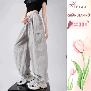  Quần Gió Nhăn Cạp Chun HIBENA Quần Ống Rộng Nữ Thời Trang Có Dây Rút Gấu Mặc Như Quần Jogger Q06 
