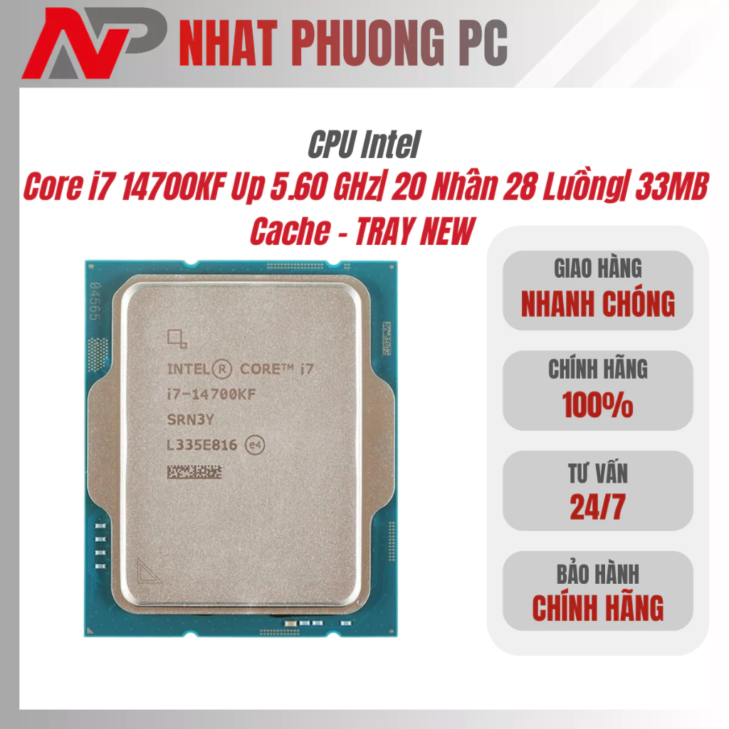 CPU Intel Core i7 14700KF Up 5.60 GHz| 20 Nhân 28 Luồng| 33MB Cache - TRAY NEW - BH 36 tháng