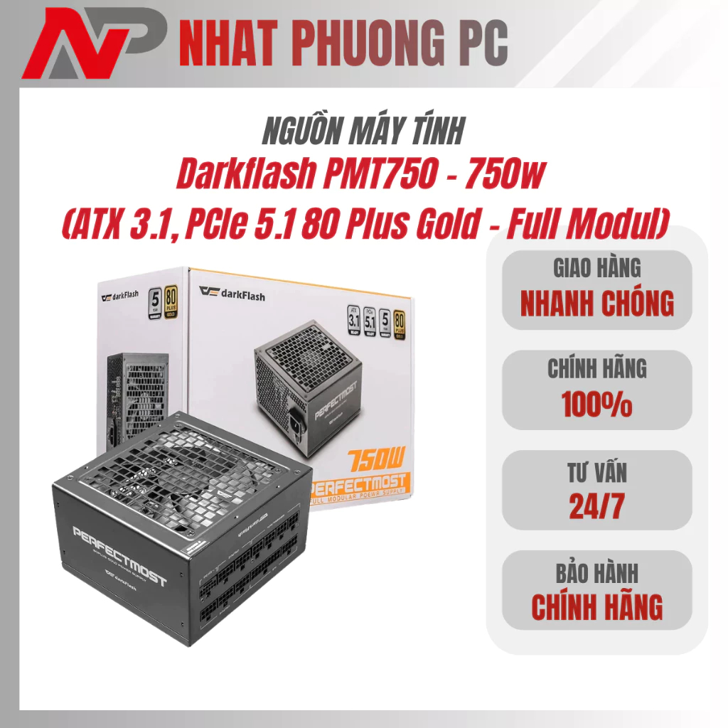Nguồn Máy Tính Darkflash PMT750 - 750w (ATX 3.1, PCIe 5.1 80 Plus Gold - Full Modul)