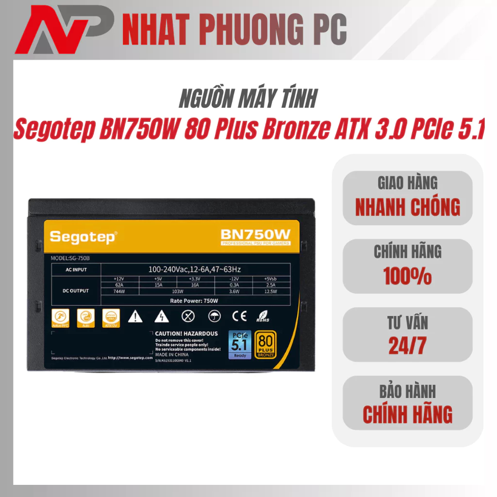 Nguồn máy tính Segotep BN750W 80 Plus Bronze ATX 3.0 PCIe 5.1 Chính Hãng