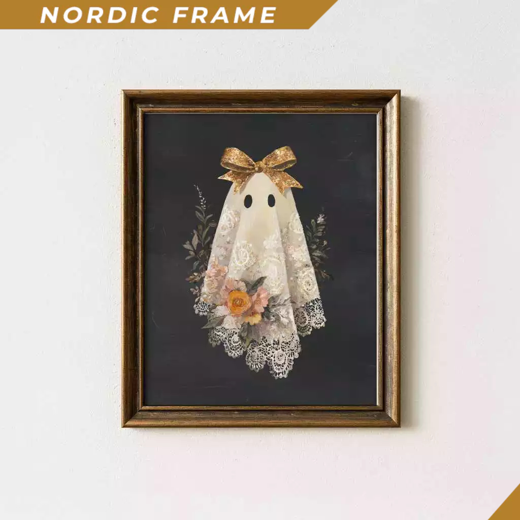 Tranh treo tường, Coquette Ghost Wall Art Printable Halloween Decor Lace Ghost With Bow Floral Ghost