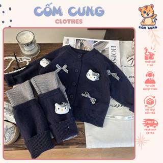  Set áo len xanh than đính hello kitty dễ thương phối quần legging kèm tất bên ngoài dành cho bé gái 