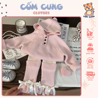  Set len hồng phối mũ dễ thương set hoodie len mix quần len legging đính nơ cho bé gái 