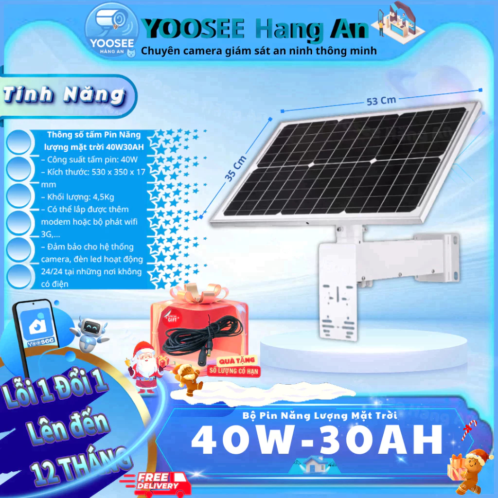 (MUA 1 TẶNG 1) Bộ pin lưu trữ điện năng lượng mặt trời đầu ra nguồn 12v-40W30AH cấp nguồn cho camera