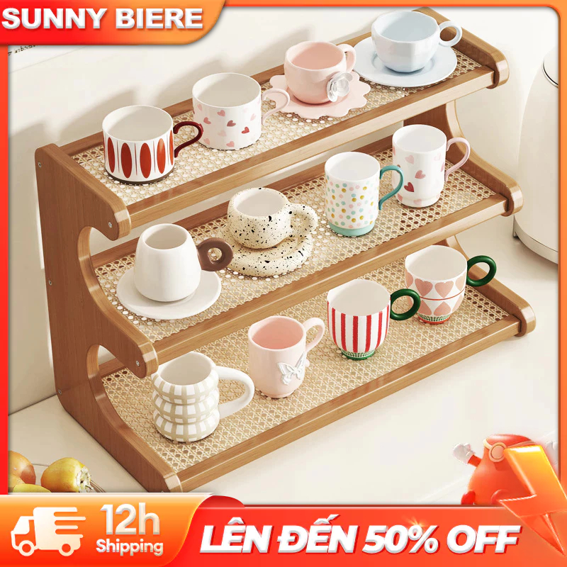 SUNNY BIERE Giá để đồ để bàn bằng mây nhiều tầng  để đồ bằng gỗ đơn giản giá để đồ để bàn