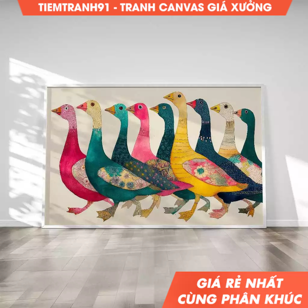 Tranh treo tường, Colorful Goose Parade Print  Abstract Animal Decor Eclectic Farm Animal Funky Post