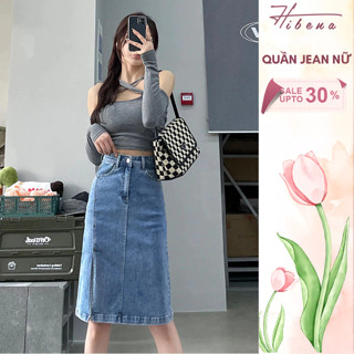  Chân váy jean midi cạp cao dáng lửng qua gối đầm denim bò xẻ tà lệch phối cúc dọc V02 