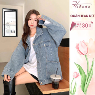   Có BIGSIZE  Áo khoác jeans nữ vải bò form rộng HIBENA áo khoác demin dài tay phối túi siêu to ulzzang A02 