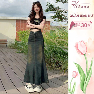  HACK DÁNG 5CM  Chân váy jean đuôi cá HIBENA váy dài chữ A vải bò denim nữ đen xòe cạp cao che bụng V15 