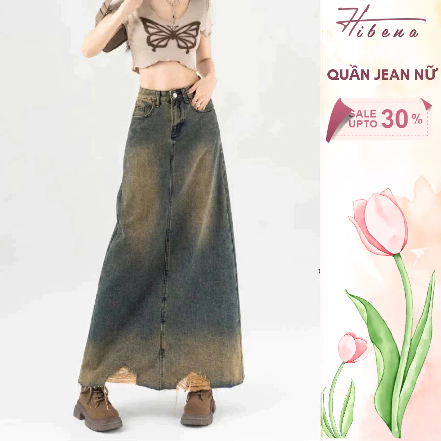  NEW Chân váy jean dáng dài HIBENA cạp cao chân váy jean chữ A tua rua tôn dáng thanh lịch V17 