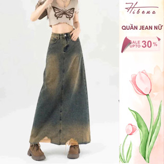  NEW Chân váy jean dáng dài HIBENA cạp cao chân váy jean chữ A tua rua tôn dáng thanh lịch V17 