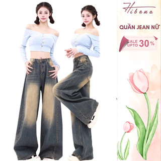  Hot Trend  Quần Jean Hai Mảnh Phong Cách Ống Rộng Nữ Cạp Cao Hibena Quần Bò Dài Ống Đứng Nữ Q17 
