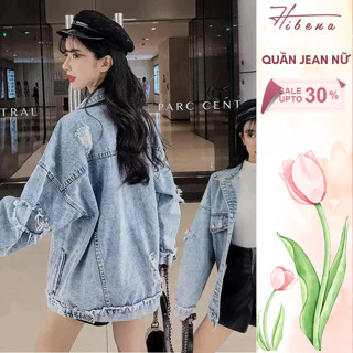   NEW  Áo Khoác Jean Nữ Basic HIBENA Form Rộng Áo khoác bò chất liệu dày dặn phong cách Retro A03 