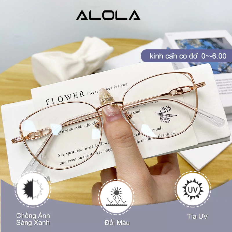 Gọng Kiếng Cận Nữ ALOLA Mặt Kính Mắt Mèo Chống Anh Sáng Xanh Tia UV Đổi Màu Khi Ra Nắng Cao Cấp