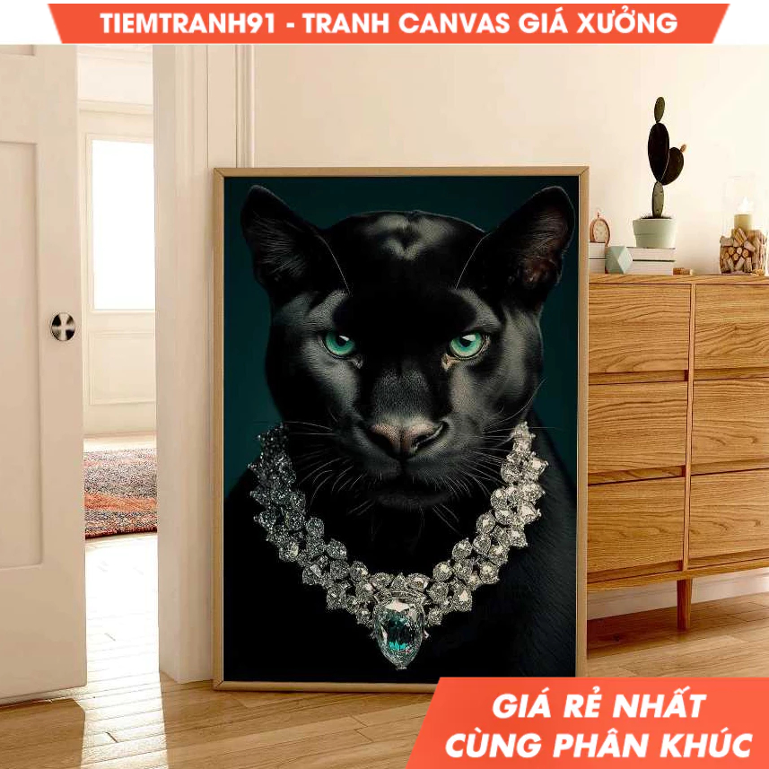 Tranh treo tường, Luxury Puma with Emerald Necklace Elegant Big Cat Wall Luxury Artwork Fashionable 