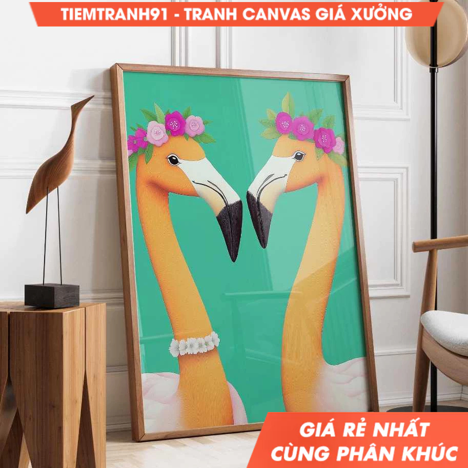 Tranh treo tường, Flamingo Couple Bright Flamingo Elegant Couple Bold Tropical Animal Art Cheerful.