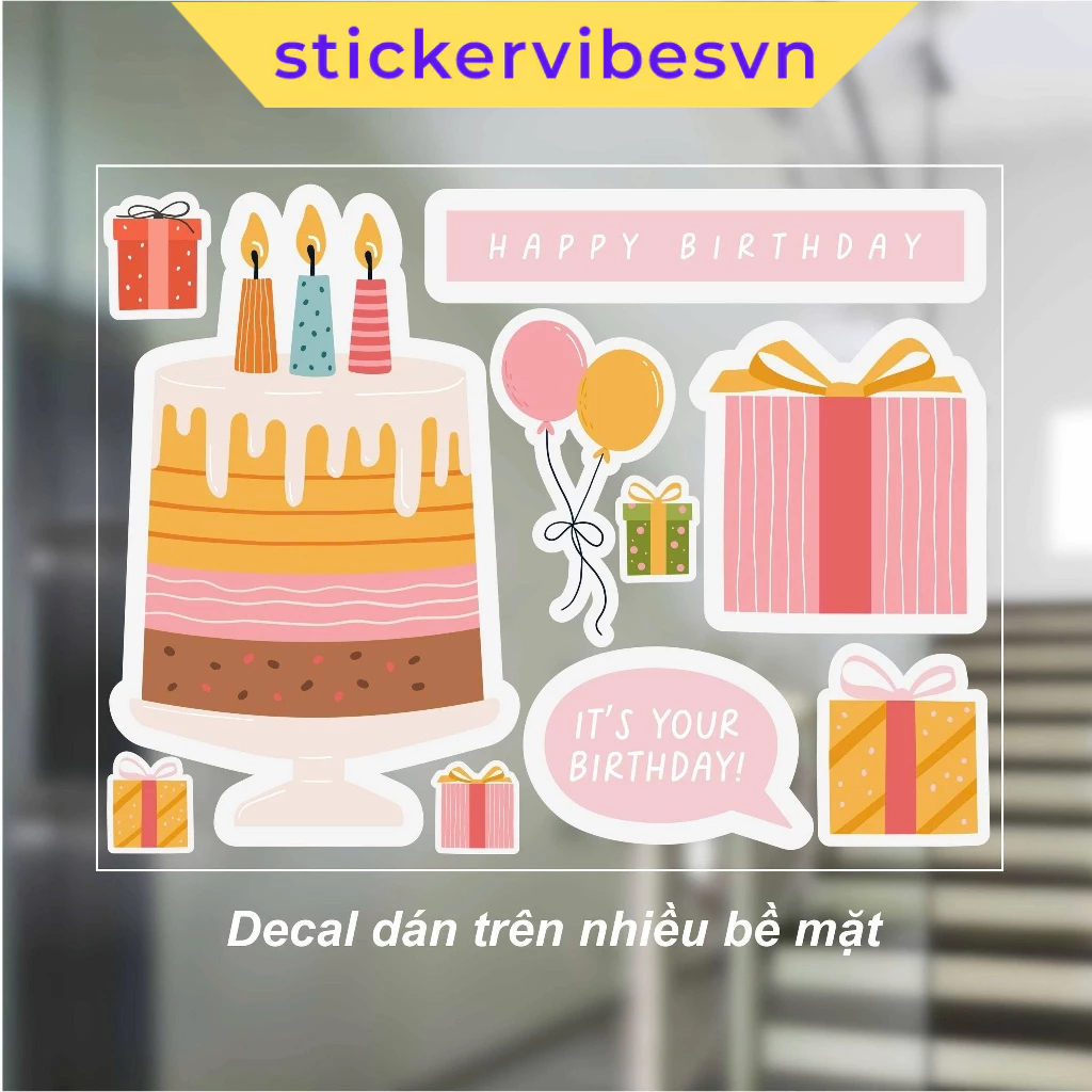 Decal Sticker, Birthday Pastel - Gifts and Birthday Cake dễ thương cute, decor tiệc sinh nhật, phòng