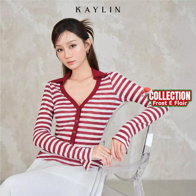 Áo thun KAYLIN tay dài cổ V hoạ tiết sọc chất vải Knit co giãn phong cách cá tính BST Tháng 12.2025 - A118T12